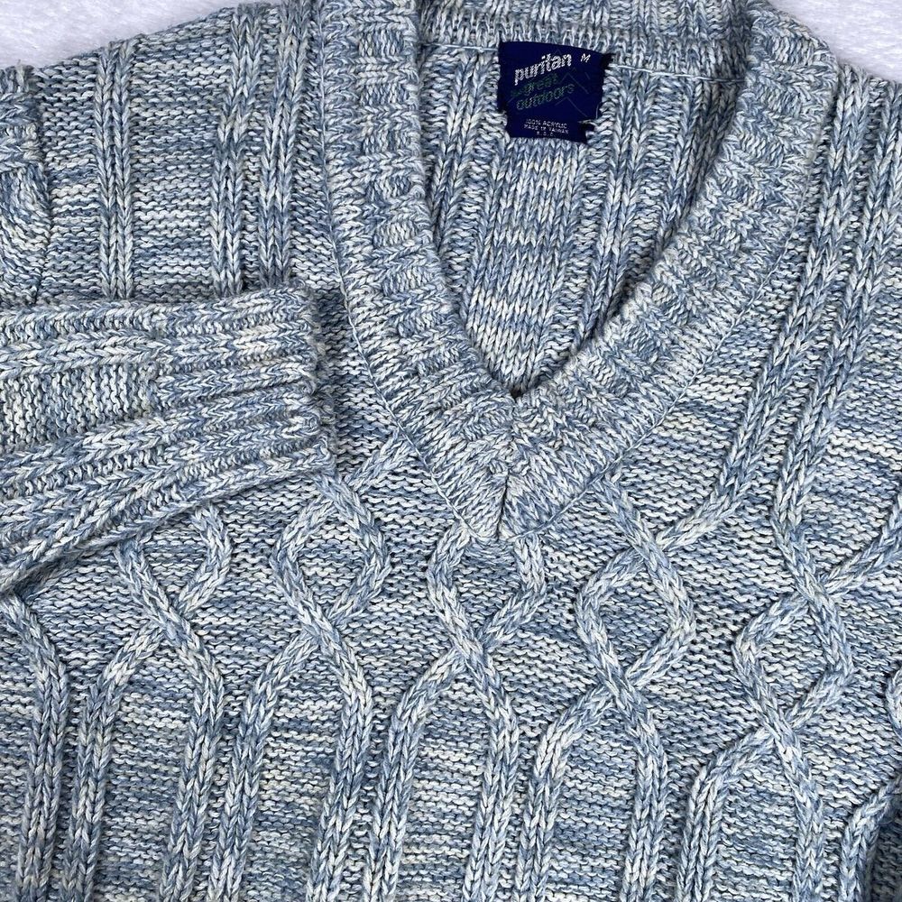 Vintage Puritan Great Outdoors Cable‎ Knit V-Neck Blue Sweater Pullover Medium